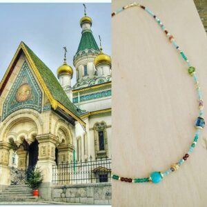 A picture containing two photos. The orthodox cathedral of Sofia, Bulgary on the left and a necklace which stones are inspired in the church of sofia